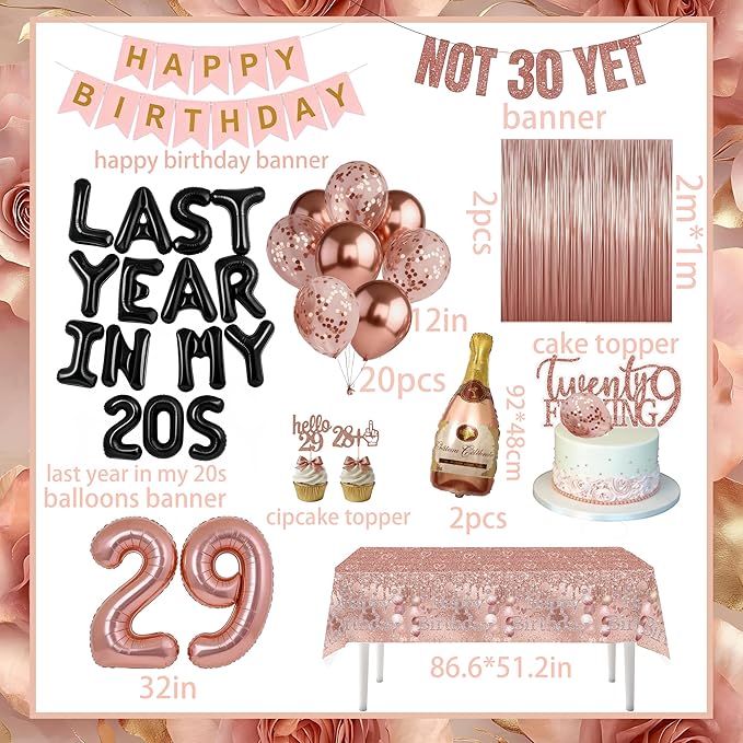 Last Year In my 20S Birthday Decorations for Women include Last Year In My 20s Balloon Banner Not 30 Yet Glitter Banner Cake Topper Cupcake Toppers for 29th Birthday Decor Party Supplies (rose gold)