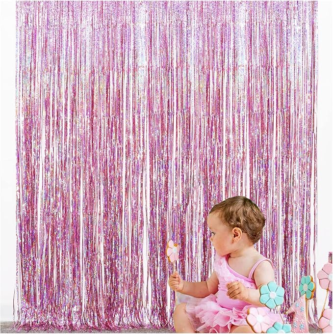 Pink Tinsel Foil Curtain Unicorn Party Supplies Fun Photo Booth Backdrop Props for Baby Shower Wedding Girls Birthday Iridescent Party Decorations(2 Packs, 3.2 * 6.5 Ft)
