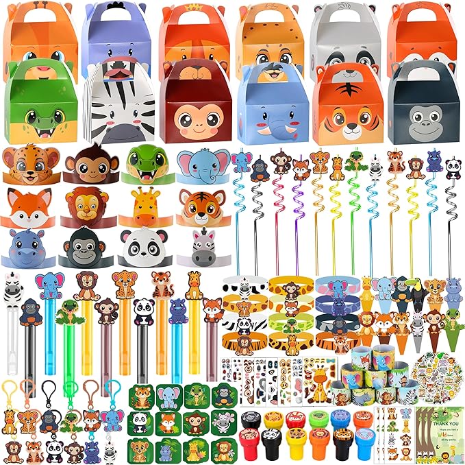 All-in-One - 256 Pcs Wild One Jungle Safari Birthday Party Decorations - Zoo Animal First Birthday Supplies Kit - Includes Favor Boxes, Bubble Wands, Straws, Party Hats, Stickers & Cake Toppers etc