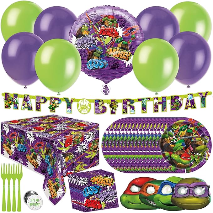 Teenage Mutant Ninja Turtle Birthday Party Supplies | Serves 16 Guests | Officially Licensed | TMNT Mutant Mayhem Movie | Balloon Decorations, Plates, Napkins, Tablecloth, Forks, Button