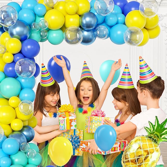 Cartoon Sponge Balloon Arch Kit-Blue Green Yellow Balloons Birthday Decorations For Boys girl,Party Decor Supplies Girls Including Happy Birthday Backdrop