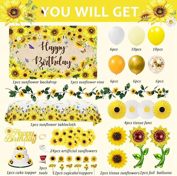 Sunflower Birthday Party Decoration Pack 111 Pcs Baby Shower Party Supplies Wedding Decor include Backdrop Tablecloth Artificial Sunflower Garland Cake Topper Balloon Garland Arch Tissue Paper Flower