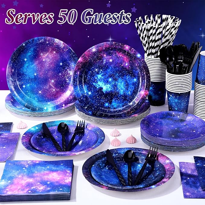 450 Pcs Space Galaxy Tableware Set Decorations, Starry Sky Paper Plates Napkins Cups Cutlery Straws for Outer Space Theme Birthday Baby Shower Party Supplies, Serves 50