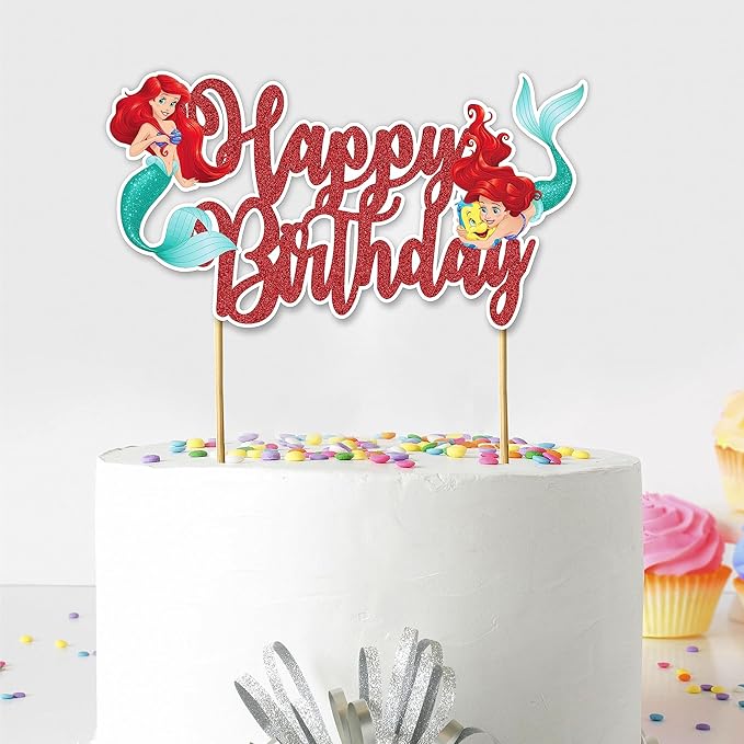 The Litle Mermaid Happy Birthday Cake Topper – Ocean Fantasy Inspired Cake Decoration with Sea Adventure, Courage, Elegant Marine Style Birthday Cake Topper for Party Celebration Décor