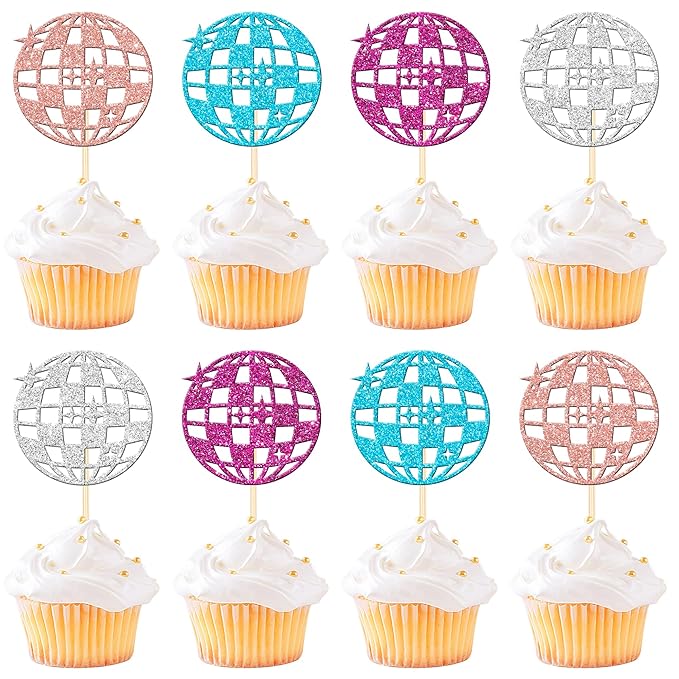 24 Colorful Disco Ball Cupcake Toppers - Dancing Cupcake Decorations for 70s Disco Music Theme Party Supplies