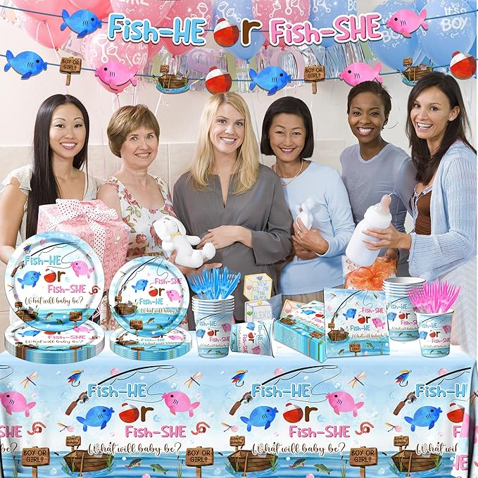 GREHUMOR Gone Fishing Gender Reveal Party Tableware 142Pcs Fish She or Fish He Gender Reveal Disposable Tablecloth,Plates,Napkins,Cups,Forks and Knives for Baby Shower Decoration of Gender Reveal