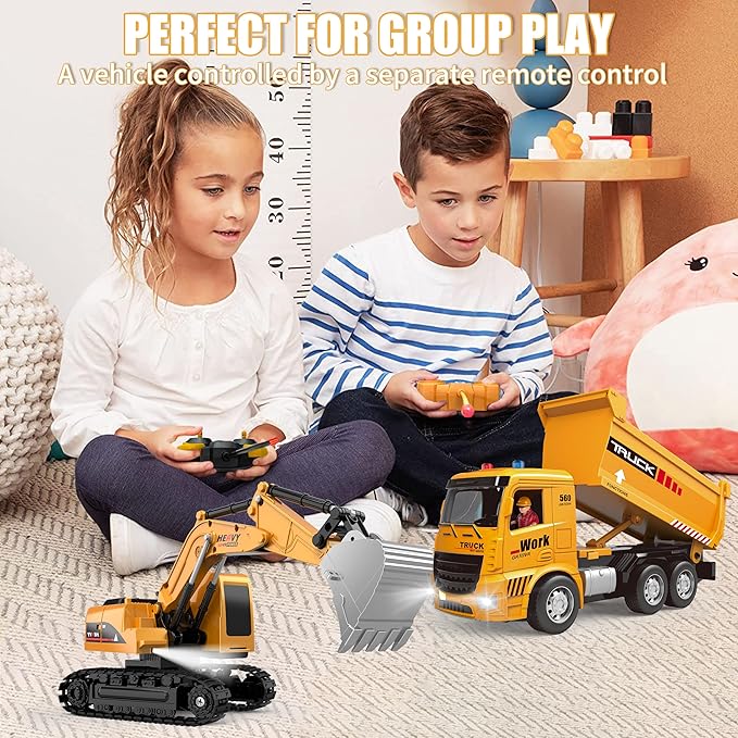 Remote Control Excavator and Dump Truck Toy Set - RC Construction Vehicles Toy with Barricades, Road Signs, Simulated Rocks, Lights and Sounds, Birthday Gifts for Toddlers 3-12 year Boys Girls