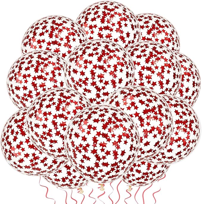 VHUWE 25 Pcs Red Star Confetti Balloons, 12 Inch Clear Latex Balloon with Confetti Inside for Birthday Party Baby Shower Graduation Engagement Bridal Shower Decorations Supplies - Red Star Confetti