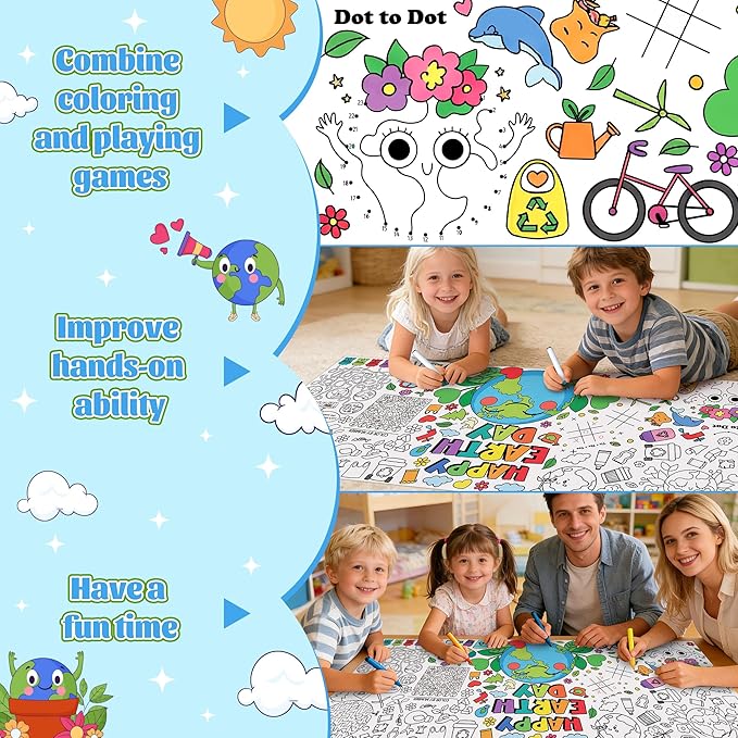 Dvbonike Jumbo Happy Earth Day Coloring Activity Poster - Planet Mini Fun Games DIY Drawing Color-in Paper 55.1 x 23.6 Inch Blank Doodle Art Banner, Home School Educational Event Party Supplies