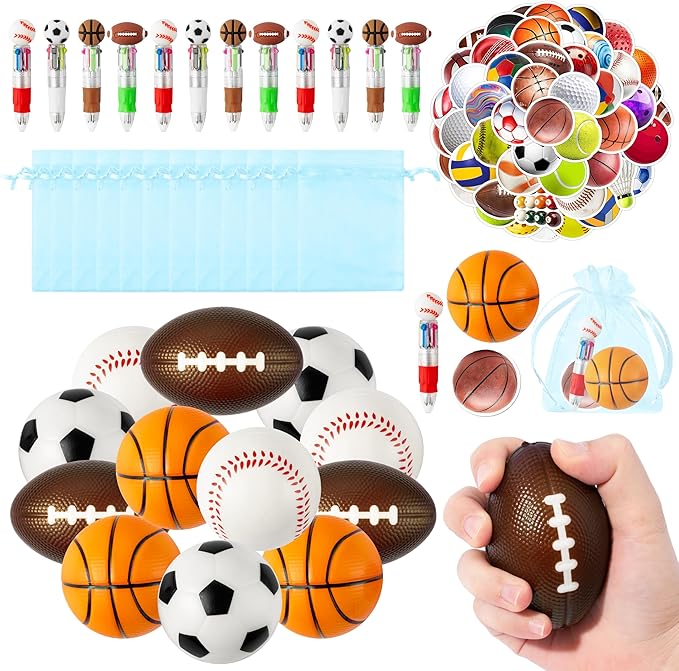 CY2SIDE 12 Pack Sport Squeeze Ball Party Favor Gift Set with Ballpoint Pen Sticker 2.5’’ Baseball Basketball Football Soccer Stress Ball Classroom Prize for Kid Sport Lover Birthday Goodie Bag Stuffer
