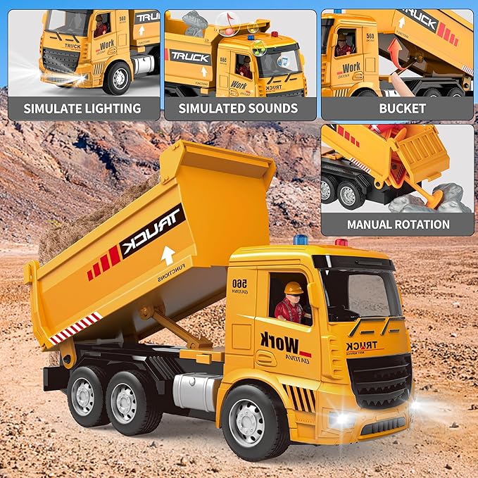 Remote Control Excavator and Dump Truck Toy Set - RC Construction Vehicles Toy with Barricades, Road Signs, Simulated Rocks, Lights and Sounds, Birthday Gifts for Toddlers 3-12 year Boys Girls