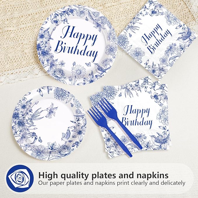 96 Pcs Blue and White Floral Party Supplies Chinoiserie Birthday Plates and Napkins Disposable Elegant Blue Floral Tableware Set for Birthday Baby Shower Party Decorations, Serves 24