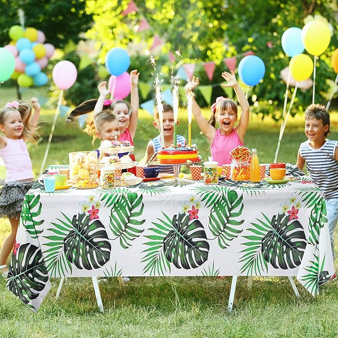 Tatuo 3 Pieces Hawaiian Luau Party Tablecloth Palm Leaves Table Cloth 54 x 108 Inches Plastic Disposable Table Decorations for Summer Pool Beach Cocktail Aloha Safari Jungle Party Supplies