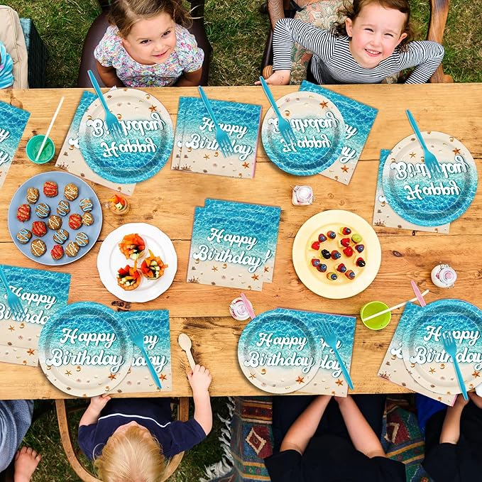 CHUNNIN 96Pcs Beach Happy Birthday Plates and Napkins Ocean Waves Ocean Seashell Party Decorations Beach Themed Party Dessert Plates Summer Pool Tableware for 24 Guests Hawaiian Supplies