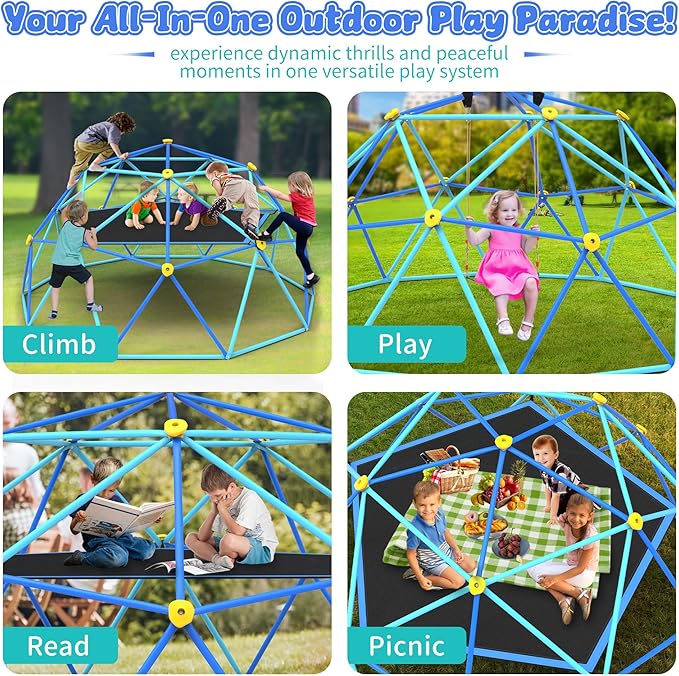 Gardenature 10FT Climbing Dome with Hammock and Swing, Outdoor Jungle Gym for Kids, Geometric Dome Climber Supporting 880 Lbs Anti-Rust Metal Outdoor Play Structure ASTM Approved Blue