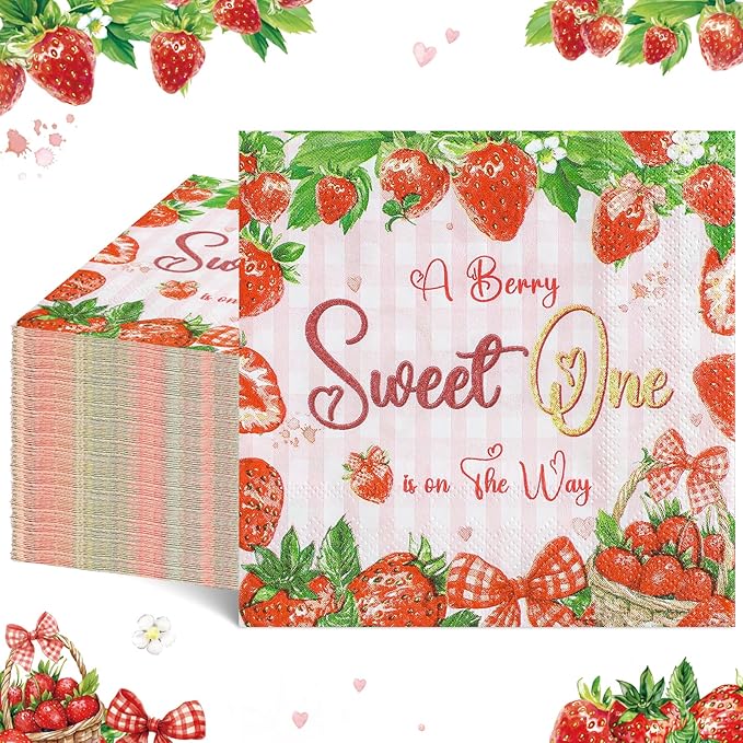 100 Pcs Strawberry Napkins, Strawberry Baby Shower Decorations Napkin Fruit Theme Disposable Cocktail Napkins for Baby Shower Birthday Party