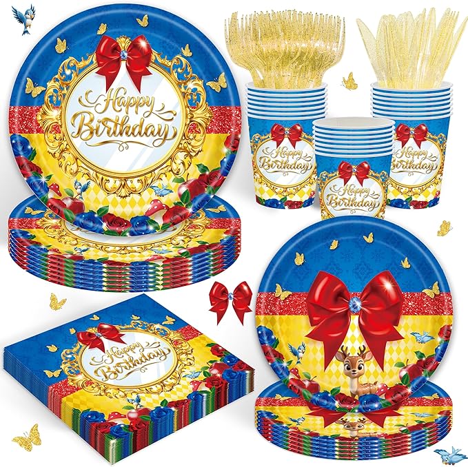 120PCS Princess Party Supplies for Girls Kids Cartoons Snow & White Themed Birthday Party Decorations Tableware Set Plates Napkins Cups Set for 20 Guests