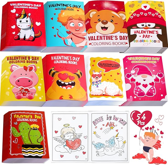 90shine 54PCS Valentine's Day Coloring Books for Kids Bulk - Valentines Classroom School Party Favors Gifts Holiday Class Activity Supplies