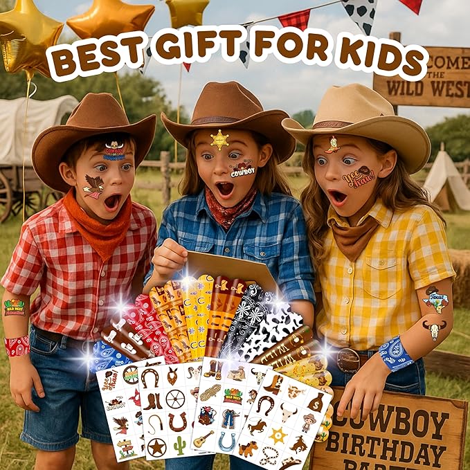 72PCS Cowboy Party Favors for Kids - 24 Slap Bracelets & 48 Pre-Cut Temporary Tattoos, Western Rodeo Birthday Party Supplies, Goodie Bag Fillers, Decorations for Boys & Girls