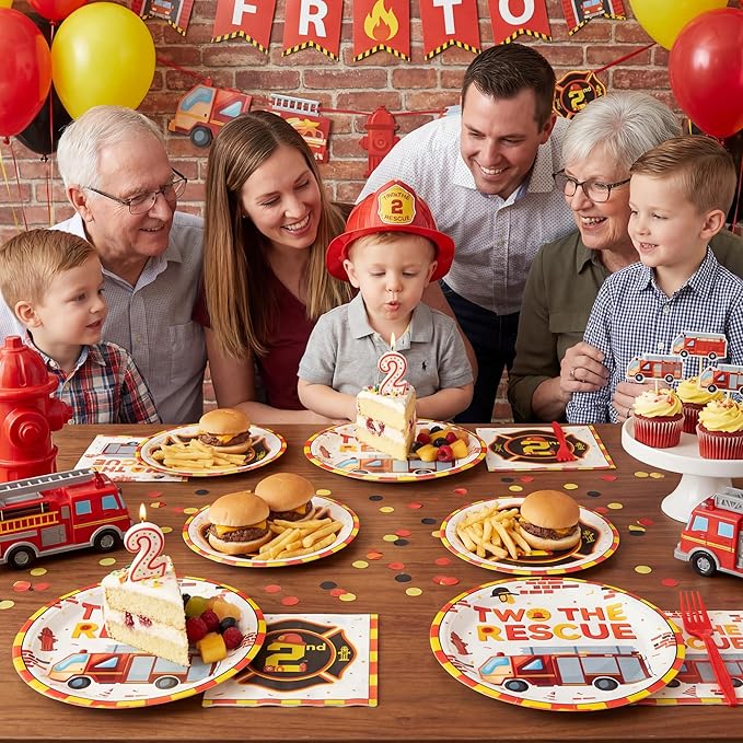 Haooryx Two the Rescue Party Tableware - 96Pcs Firefighter 2nd Birthday Decoration Red Yellow Fire Truck Themed Disposable Plates Napkins Forks for Kids 2 Years Old Birthday Party Table Decor Supply