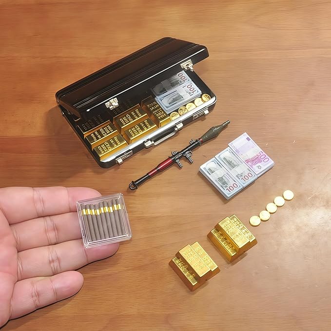1:6 Scale Miniature Black Briefcase Set with Fake Gold Bars, Mini Dollar Bill Bundles, Vintage Coins & Toy Weapons | Collectible Dollhouse Accessory, Photography Prop & Novelty Gift for Adults
