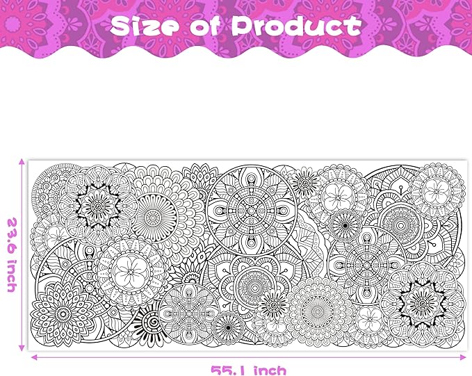 Dvbonike Jumbo Mandala Coloring Poster Giant Flower Color-in Paper Poster DIY Drawing Blank Doodle Art Banner Circular Floral 55.1x23.6 inch Wall Decor, Home School Activity Party Supplies for Kids
