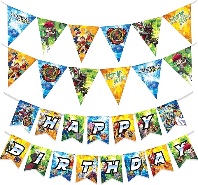 Officially Licensed BEYBLADE Banner Set - (1) Banner & (2) Triangle Pennants - BEYBLADE Birthday Party Supplies