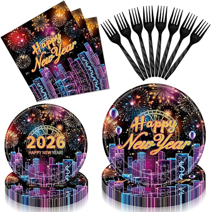 96 Pieces Happy New Year 2026 Tableware Set – Fireworks and City Night Skyline Disposable Plates, Napkins, and Forks for New Year’s Eve Parties, Countdown Celebrations – Serves 24 Guests