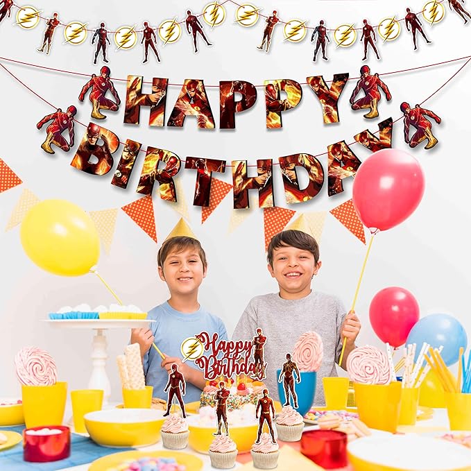 "Flsh Theme Birthday Party Supplies – Superhero Birthday Decorations Set for Boys & Girls – Includes Happy Birthday Banner, Cake Topper, Cupcake Toppers and Party Favors – Comic Theme Party Décor"