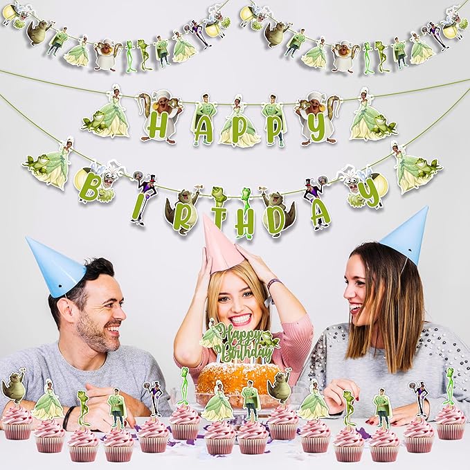 "The Princss and the Frog Theme Birthday Party Supplies – Cartoon Inspired Decorations for Girls – Happy Birthday Banner, Cake Topper, Garland, Cupcake Toppers – Magical Princss Theme Party Décor "