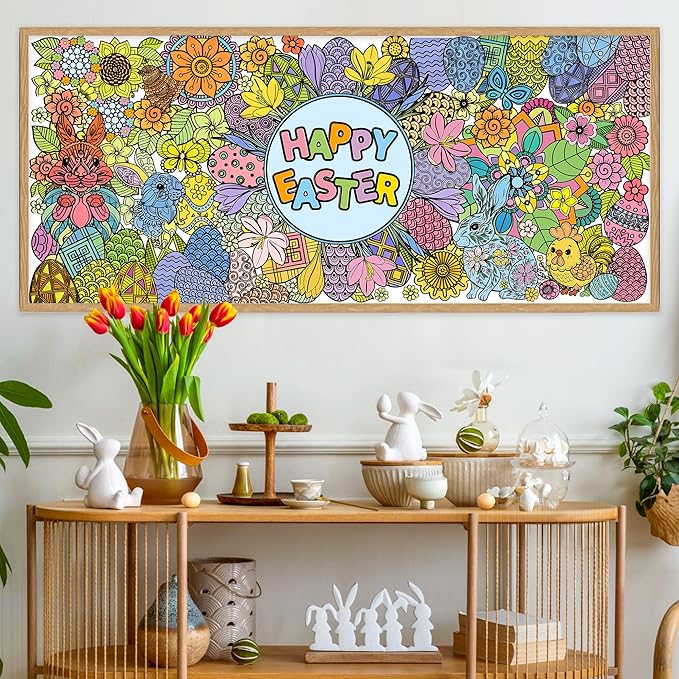 Dvbonike 2Pcs Jumbo Easter Mandala Coloring Poster - Easter Egg Bunny Flower DIY Drawing Color-in Paper Blank Art Banner 55.1 x 23.6 Inch Wall Decor, Home Classroom Activity Spring Party Supplies