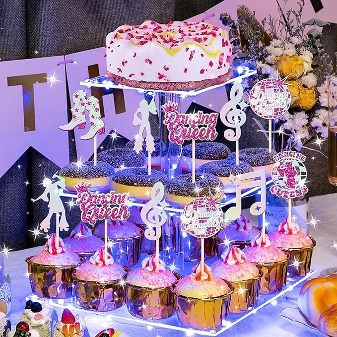 24 PCS Dancing Queen Cupcake Toppers Glitter Music Note Singer Dancer Cupcake Picks Vintage 70s Disco Dancing Cake Decorations for Disco Ball Music Theme Wedding Birthday Party Supplies Rose Red