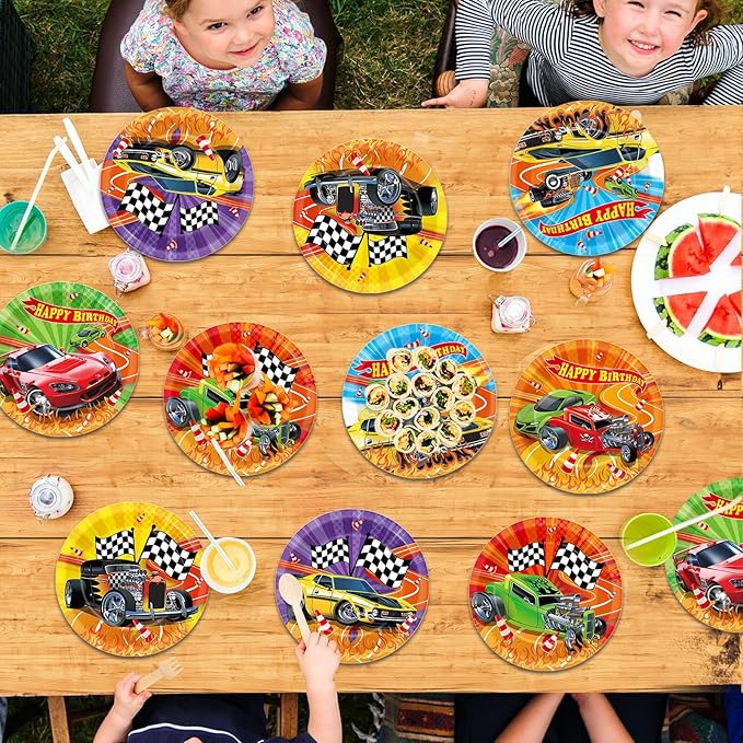 60Pcs Hot Car Birthday Party Supplies Colorful Racing Cars Plates Race Car Tableware Party Decorations for Kids Boys Baby Shower Hot Car Wild Racer Dinnerware Favors for 60 Guest