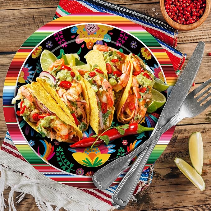 Pack of 50, 9-Inch Mexican Fiesta Paper Plates, Colorful Floral and Serape Stripe Design, Disposable Plates for Tacos, Snacks, Desserts, Cinco de Mayo Party Supplies, and Birthday Table Decorations