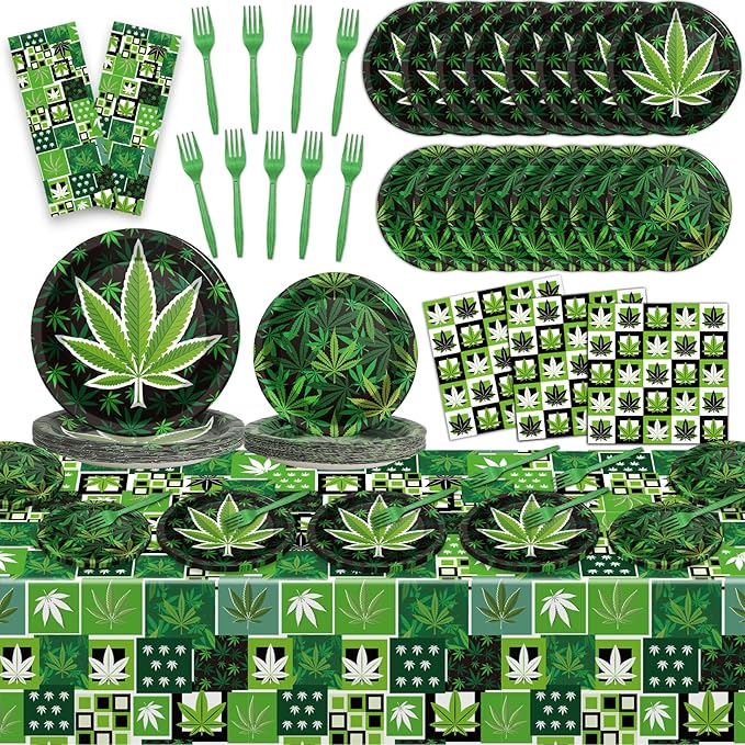 Gisgfim 98 Pcs Weed Themed Party Supplies - Green Pot Leaves Birthday Party Plates, Tablecloth & Decorations for Adults - Tableware Paper Forks, Napkins & Plates for 24 Guests
