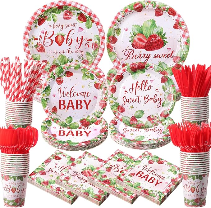 450 Pcs Strawberry Baby Shower Tableware Set Decorations A Berry Sweet Baby Paper Plates Napkins Cups Cutlery Straws for Berry Gender Reveal Birthday Party Supplies, Serves 50