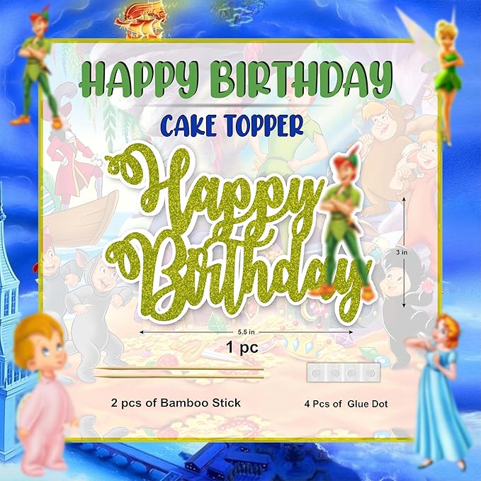 "Petr Pan Happy Birthday Cake Topper – Neverland Theme Birthday Party Supplies – Magical Green and Gold Cake Decoration with Petr Pan, Tinker Bell, and Fairy Dust Design for Boys Girls and Fans"