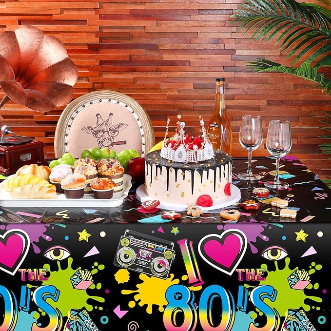 Tegeme 3 Pack 80s Plastic Party Tablecloth 80's Party Table Cover 80s Birthday Supplies The 80's Hip Hop Decoration Throwback Birthday Decoration for Dining Room, 54 x 108''