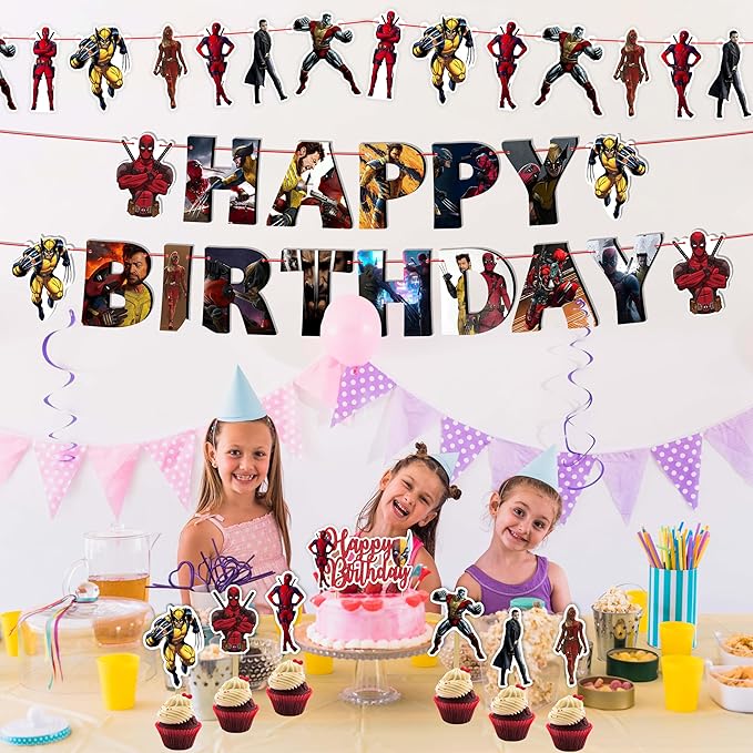 Dedpol Theme Birthday Party Supplies – Bold and Hilarious Comic-Inspired Party Decorations Set with Banner, Cupcake Toppers, Wrappers, Cake Topper – Funny Action Hero Style for Boys, Teens & Adults