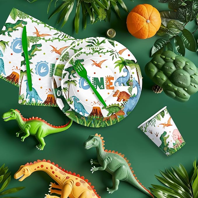 Dinosaur First Birthday Decorations Tableware - Dinosaur 1st Birthday Party Supplies For Boy, Paper Plate, Cup, Napkin, Fork, Dino Party Decorations, Serves 24