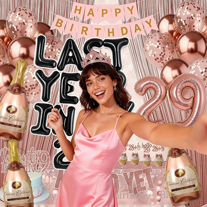 Last Year In my 20S Birthday Decorations for Women include Last Year In My 20s Balloon Banner Not 30 Yet Glitter Banner Cake Topper Cupcake Toppers for 29th Birthday Decor Party Supplies (rose gold)