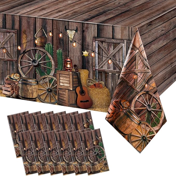 Tiamon 12 Pcs Western Party Tablecloth Western Cowboy Party Table Cover Cowboy Theme Plastic Tablecloth Wild West Wooden House Table Cover for Birthday Supplies