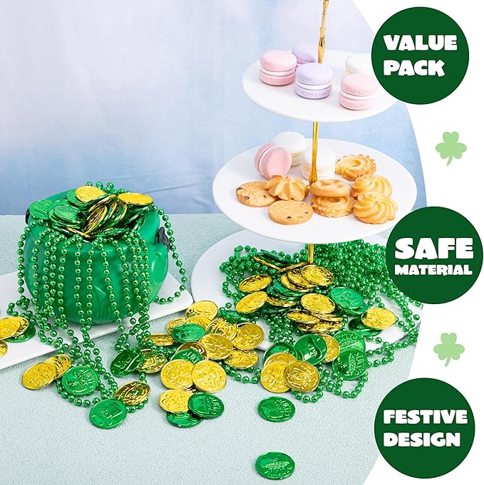 JOYIN 119 Pcs St. Patrick’s Party Supplies Set, 18 Bead Necklaces, 100 Plastic Coins and 1 Cauldron, St Patrick’s Day Party Favor Supply (Green Cauldron, Bead Necklace, Green and Gold Coins)