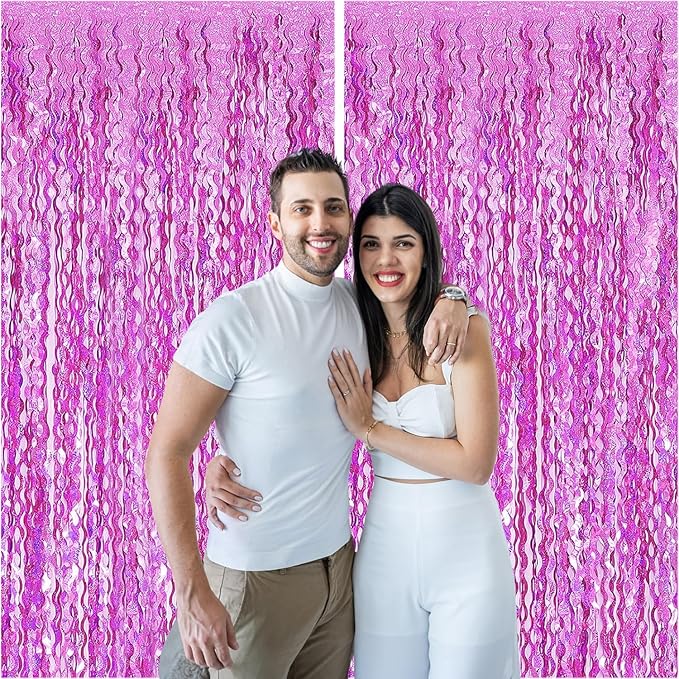 2 Pack Pink Wavy Foil Fringe Curtains, 3.3x6.6 Ft Metallic Tinsel Wavy Backdrop Party Decorations Door Pink Streamers for Birthday Wedding Engagement Decor,Party Supplies