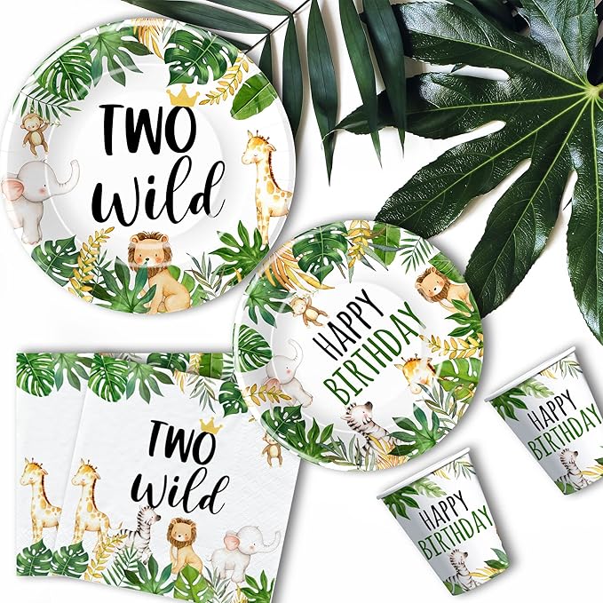 Jungle Animal Theme Two Wild Birthday Plates And Napkins Party Supplies - Safari Party Decorations For 2-Year-Old Birthday, Plate, Cup, Napkin | Serve 24