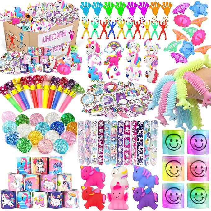 Unicorn Party Favor Goodie Rainbow Elastic Ball Bracelets Stickers Gifts Pinata Filler Bulk Toys for Unicorn Party Girl Kid Birthday Party Stuffers Supplies (Style 01)