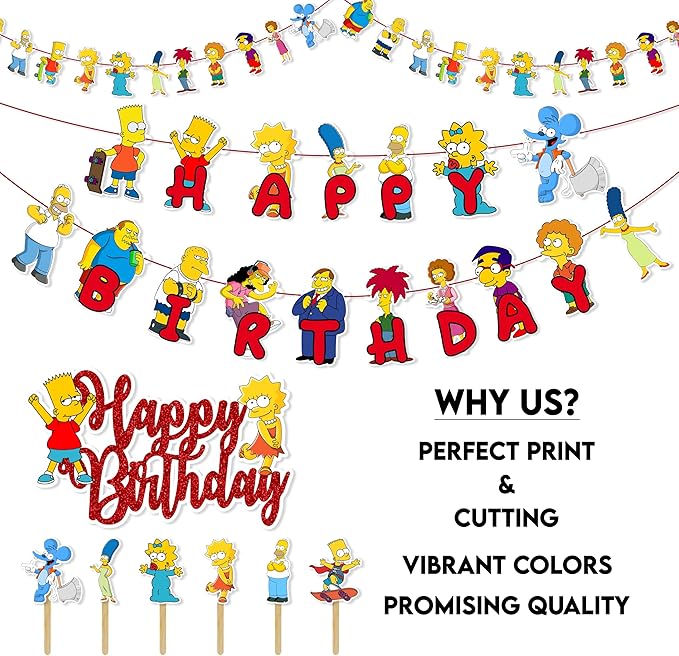 "Brt Simpson Theme Birthday Party Supplies – Complete Decoration Set with Happy Birthday Banner, Cake Topper, Cupcake Toppers, Table Décor, Garland – Cartoon Birthday Party Decoration"