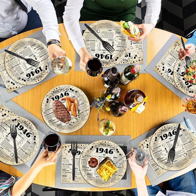 CHUNNIN 96Pcs 80th Birthday Plates and Napkins Back in 1946 Party Decorations Vintage 80 Year Old Party Dessert Plates 1946 Birthday Tableware for 24 Guests 80th Theme Men Woman Bday Parties Supplies