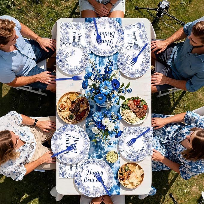 96 Pcs Blue and White Floral Party Supplies Chinoiserie Birthday Plates and Napkins Disposable Elegant Blue Floral Tableware Set for Birthday Baby Shower Party Decorations, Serves 24