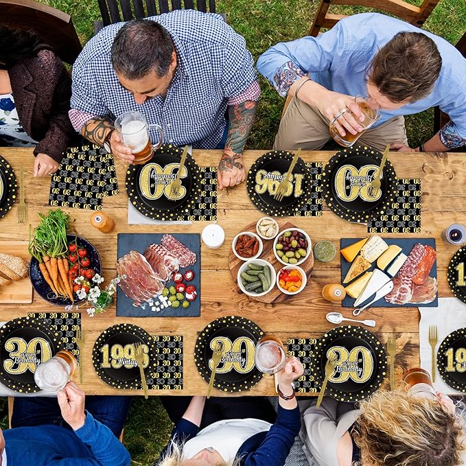 96PCS 30th Theme Birthday Party Tableware Vintage 1996 Party Supplies 30 Year Old Birthday Decorations Plates Napkins Forks Black and Gold Dinnerware Favors for Men or Women